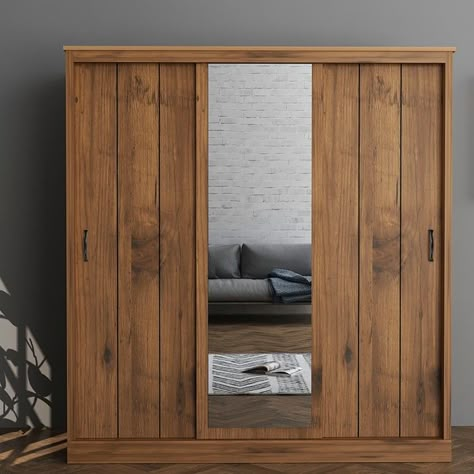 Wooden Almirah Design Bedrooms, Wooden Wardrobe Design Bedroom, Cupboard Door Design, Sliding Wardrobe With Mirror, Simple Wardrobe Design, Wood Wardrobe Design, Large Sliding Door, 3 Door Sliding Wardrobe, Wardrobe With Mirror