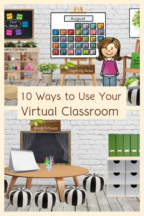 Wondering how you might use your virtual classroom during distance or remote learning? Find 10 ideas that help you make the most of your Google slides backgrounds and templates while keeping you organized and kids engaged during virtual teaching and learning. Ideas include creating a scene for each center in your preschool, kindergarten, or first grade classroom and link your Bitmoji avatar or the "decor" to assignments and resources in that subject area. Bitmoji Classroom Ideas, Virtual Classroom Background, Google Slides Backgrounds, Bitmoji Virtual Classroom, Bitmoji Classroom, Google Classroom Elementary, Digital Learning Classroom, Remote Teaching, Classroom Background