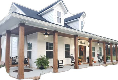 White House Black Windows Wood Accents, White Rustic House Exterior, Small Farmhouse Exterior Ideas, L Shape Porch Ideas, Remodel Front Of House, White Farmhouse With Shutters, White House With Black And Wood Accents, Country Home Outside, Barn Dominium Houses Interior