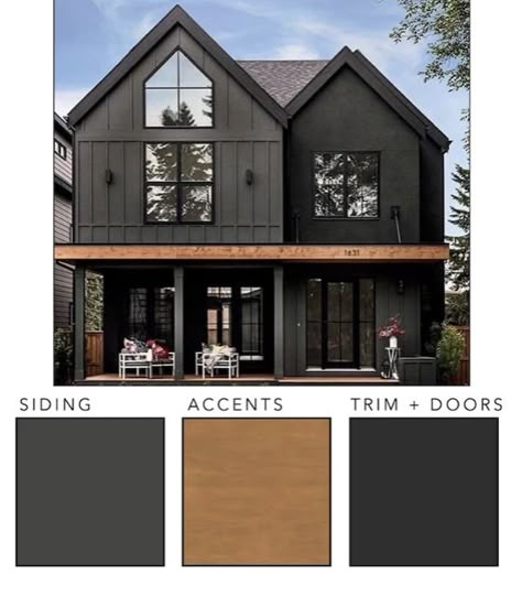 Exterior Paint With Black Windows, Green Black And Wood House Exterior, Dark House Exterior Aesthetic, Black House Tan Trim, Chocolate Brown House Exterior, Black House Exterior With Wood Accents, Black Vinyl Siding Exterior, Dark Brown Cabin Exterior, Brown Black Exterior Paint