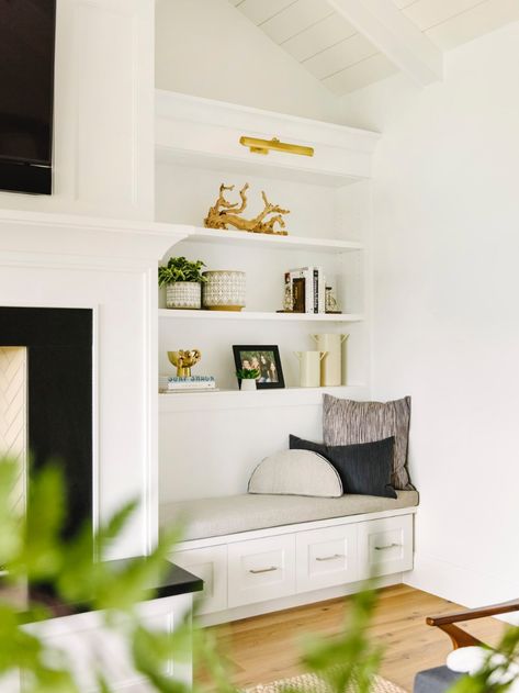 Ideas for Creating a Comfy Reading Nook | west elm Alcove Seating, Built In Bench Seating, Built In Around Fireplace, Living Room Nook, Sitting Nook, Built In Shelves Living Room, Living Room Built Ins, Fireplace Built Ins, Nook Ideas