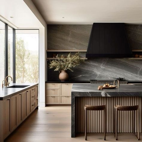 Walnut Marble Kitchen, Black Granite Waterfall Island, Kitchen Organic Modern Decor, Moody Organic Modern Kitchen, Kitchen Ideas With Black Cabinets, Modern Moody Kitchen, Wood And Black Kitchen Cabinets, Black Kitchen With Wood, Black Marble Island