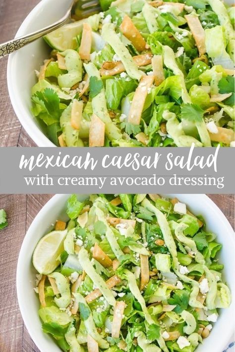 Mexican Caesar Salad, Avocado Dressing Recipe, Mexican Salad Recipes, Mexican Salad, Creamy Avocado Dressing, Dressing Salad, Tortilla Strips, Beet Salad Recipes, Mexican Salads