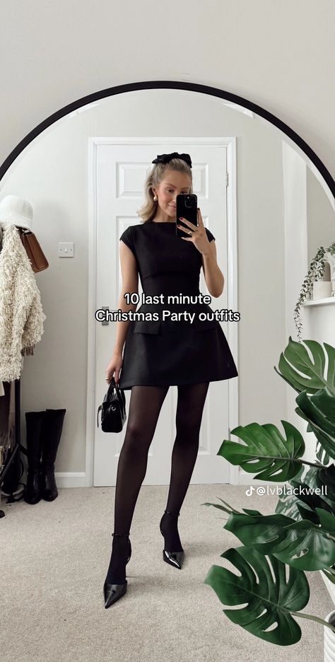 Blazer Dress And Tights, Black Dress And Pantyhose Outfit, Black Sheer Tights Outfit Classy, Christmas Party Black Dress, Black Pointed Heels Outfit Dress, Corporate Christmas Dinner Outfit, Black Panty Hose Outfit Dress, Dress With Black Panty Hose, Black Dress With Tights And Heels