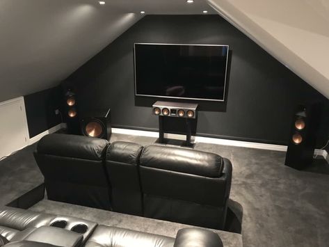 Attic Theater Room Ideas, Tv Theater Room, Man Cave Gaming Room Ideas, Man Cave Attic Ideas, Attic Gaming Room Ideas, Man Cave Loft Ideas, Gaming Room Attic, Attic Home Theater, Attic Tv Room Sloped Ceiling