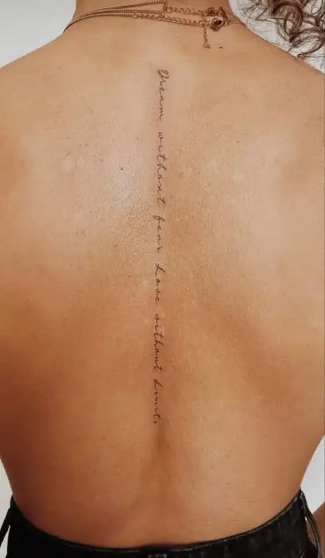 100+ Spine Tattoo ideas for Women Ladies Spine Tattoo Beautiful, Arrow Tattoo Spine, Fine Spine Tattoos For Women, Spine Tattoos For Women Travel, Fine Line Script Spine Tattoo, Timeline Spine Tattoo, Faith Over Fear Spine Tattoo, Disney Spine Tattoos For Women, Best Spine Tattoos For Women