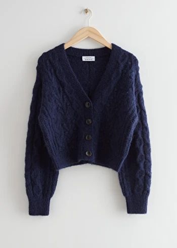 Cable Knit Wool Cardigan - Navy - Cardigans - & Other Stories US Blue Cardigan Outfit, Nails Short Almond, Navy Blue Cardigan, Organic Basics, Vintage Knitwear, Fashion Trainers, Skirts Red, Winter Layers, Cardigan Outfit