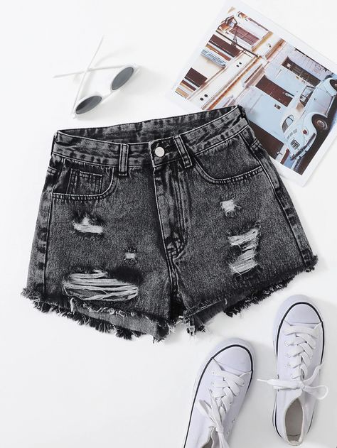 Raw Hem Ripped Denim Shorts | SHEIN USA Dark Ripped Jeans, Girls Ripped Jeans, Grey Denim Shorts, Jean Short Outfits, Dark Grey Jeans, Ripped Jean Shorts, Normal Clothes, Shein Outfits, Ripped Denim Shorts