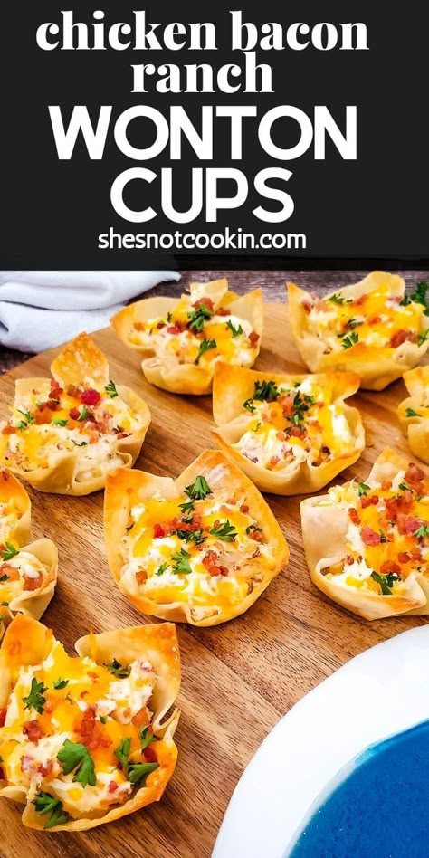 Bbq Chicken Cups, Wonton Wrapper Chicken Recipes, Chicken Ranch Wonton Cups, Wanton Cups Appetizers, Chicken Cream Cheese Wontons, Won Ton Wrapper Ideas, Chicken Rangoon Recipe, Best Chicken Appetizers, Wonton Appetizers For Party