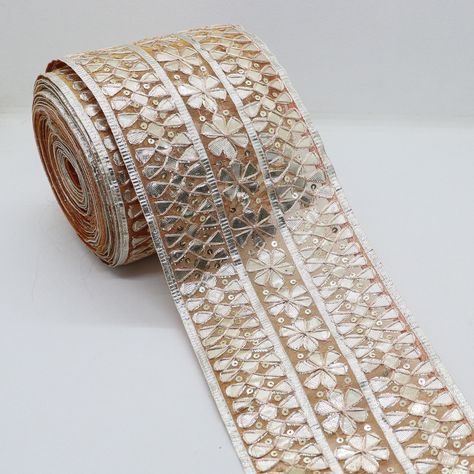 #etsy shop: 4 Inch Wide Silver Zari Gota Embellish Tissue Fabric Sewing Dupatta Lace Border Artisanal Hand Embroidered Crafting Ribbon Trim By The Yard https://etsy.me/3qxZigx #sewing #yes #indianlacetrim #silvergotatrim #weddingsaritrim #handmadegotalace #handmadegota Laces For Dupatta, Surface Ornamentation, Fancy Face Mask, Dupatta Lace, Bride Collection, Tissue Fabric, Dupatta Border, Silver Sequin Top, Bridal Jewelry Sets Brides