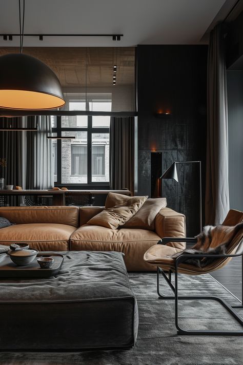 Men’s Apartment Interior Design, Masculine Penthouse Apartment, Masculine Room Design, Modern Man Living Room, Dark Masculine Interior Design, Bachelor Pad Ideas Masculine Interior, Modern Male Home Decor, Masculine Living Room With Fireplace, Moody Masculine Interior Design