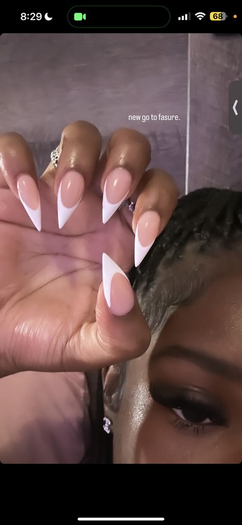 French Tips Pointy Nails, Almond Cheetah Print French Tip Nails, Classy Almond Shaped Acrylic Nails, Nails Acrylic Sharp Almond, Long Almond Birthday Nails, Pointy Almond French Tip, Nail Shop Nail Designs, White French Tip Triangle, Short Stilleto French Tip