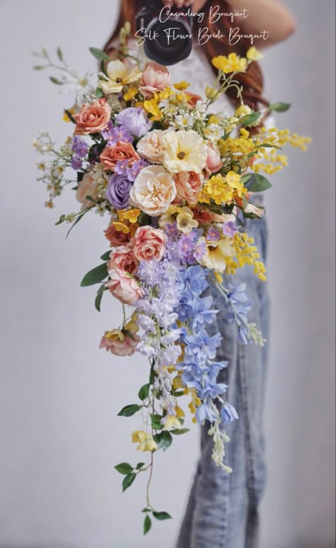 Cascading Wildflower Bouquet, Pastel Bouquet, Cascade Wedding Bouquet, Floral Recipes, Flower Explosion, Wild Flower Wedding, Bunches Of Flowers, Cascading Bridal Bouquets, Colorful Arrangements