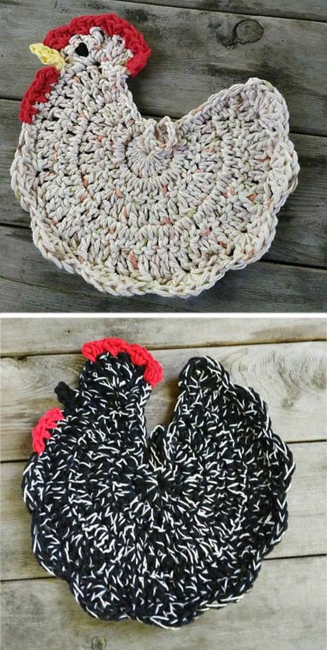 Crochet Chicken Potholder - Tutorial Chicken Crochet Potholder, Chicken Coaster, Chicken Potholder, Crocheted Chicken, Potholder Tutorial, Pot Holder Patterns, Crochet Cup Coaster, Coaster Tutorial, Crochet Pot Holders Free Pattern