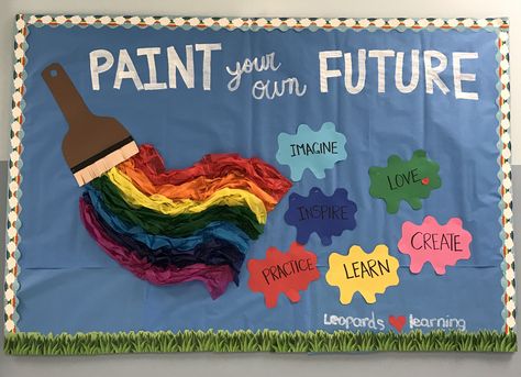 Art Themed Bulletin Boards, Bulletin Board Ideas For Teachers Theme, Welcome Board Classroom, Paint Bulletin Board, Art Board Ideas, Soft Board Decoration, Elementary Bulletin Boards, Art Bulletin Boards, Bulletin Boards Classroom Decor