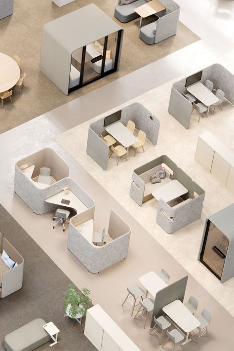 Work environment furnished with Pod products Innovative Workplace Design, Work Pods Design, Office Pod Design, Common Space Office, Interior Designer Workspace, Community Office Space, Staff Room Ideas Offices, Corporate Office Design Ideas, Workplace Design Office Work Stations