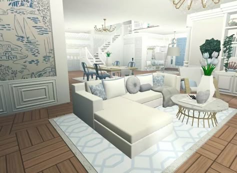 Aesthetic House Ideas Bloxburg, Coastal House Bloxburg Living Room, Living Room Bloxburg Coastal, 2 Story Beach House Bloxburg Layout, Boo Burg Beach House, Coastal Living Room Ideas Bloxburg, Bloxburg Room Coastal, Blocksburg Beach House Ideas, Bloxburg Home Ideas Layout