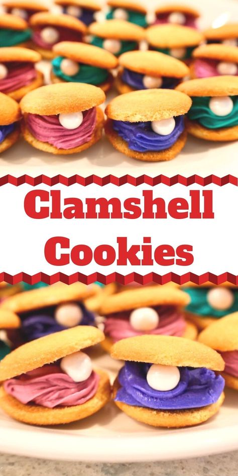 Clam Shell Cookies look like colorful clamshells with a beautiful pearl inside! We're using Vanilla Wafers and buttercream frosting to make these easy cookies. Clam Shell Cookies are perfect for your beach party or Under the Sea party. Clam Cookies With Pearls, Clam Shell Cake, Sea Theme Cookies, Nilla Cookies, Clam Shell Cookies, Desert Tray, Apple Pie Cheesecake Bars, Filled Jellyfish Cookie, Mermaid Birthday Party Clam Shell