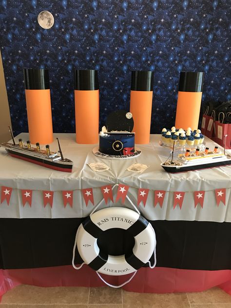 Titanic Party Decorations Diy, Titanic Birthday Party Favors, Titanic Bachelorette Party, Titanic Themed Snacks, Titanic Bday Party, Titanic Theme Birthday Party, Titanic Centerpiece, Titanic Party Games, Titanic Party Ideas Decor