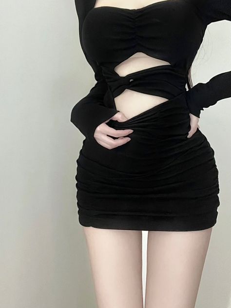 #fashion Edgy Mini Dress For Cosplay, Short Black Dress Goth, Hot Black Dress Short Aesthetic, Sexycore Outfit, Black Gothic Bodycon Mini Dress, Revealing Outfit, Revealing Dresses, Revealing Dress, Dancers Outfit