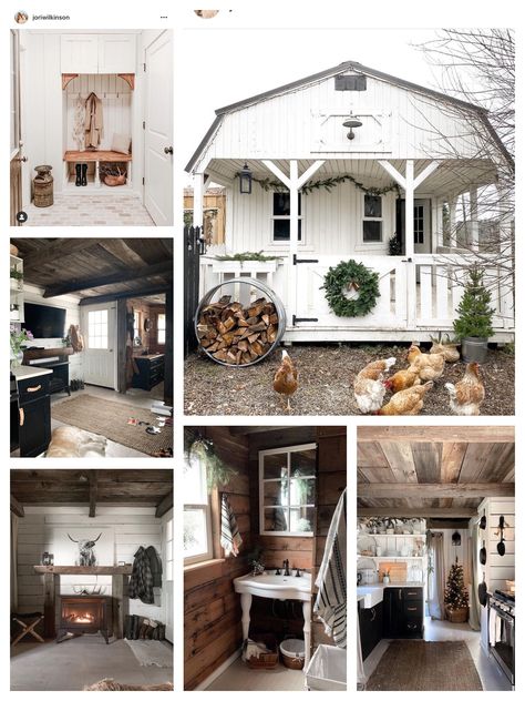 Small Family Farmhouse, Tiny House Farmhouse Style Shed, Black Tiny Home Exterior, Shed To Cottage Conversion, Tiny House Business, Rustic Farmhouse Tiny House, Country Tiny House Interior, Shed To Tiny House Cabin, Tiny House Modern Farmhouse