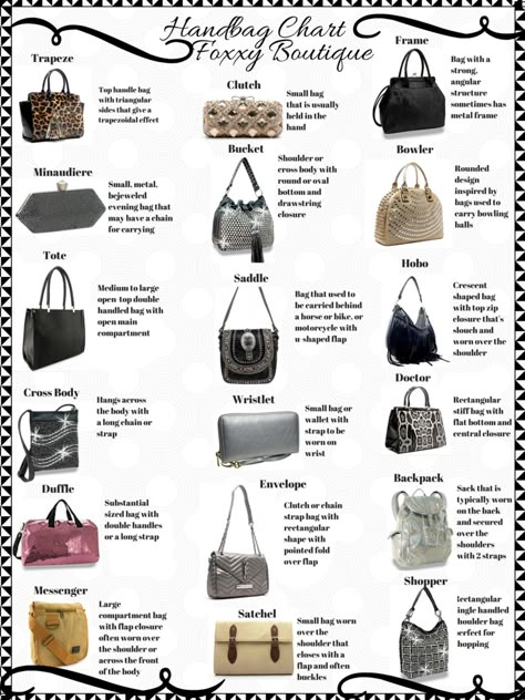 Foxxy Boutique | Women's Accessories, Metro Detroit | Handbags Types Of Purses Chart, Purse Types, Fashion Knowledge, Style Names, Bag Types, Fashion Terminology, Wardrobe Building, Types Of Handbags, Types Of Purses