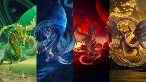 4 Elements in Dragons 4 Dragons, Four Dragons, Elements Dragons, Dragon Elements, Fantasy Elements, Elemental Animals, Element Dragons, Earth Elemental Fantasy Art, 4 Elements Art