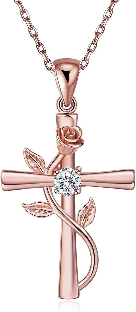 Amazon.com: BlingGem Cross Necklace for Women Rose Cross Pendant Rose Gold-Plated 925 Sterling Silver Flower Necklace Romantic Love Jewelry Gift for Women Wife Mom : Clothing, Shoes & Jewelry Sterling Silver Flower Necklace, Cross Necklace For Women, Silver Flower Necklace, Cross Necklaces, Religious Cross, Necklace Rose Gold, Gold Designs, Anniversary Jewelry, Popular Jewelry