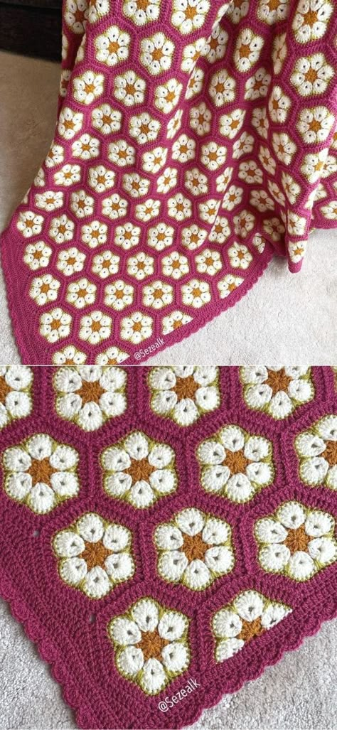 Blue Daisy Crochet Blanket, Crochet Hexagon To Square, Crochet Daisy Hexagon, Hexagon Daisy Crochet Pattern, Crochet Grammy Square Blanket Patterns, Croche Blankets Pattern, Pink Flower Crochet Blanket, Daisy Hexagon Crochet, Crochet Blanket Patterns Flower