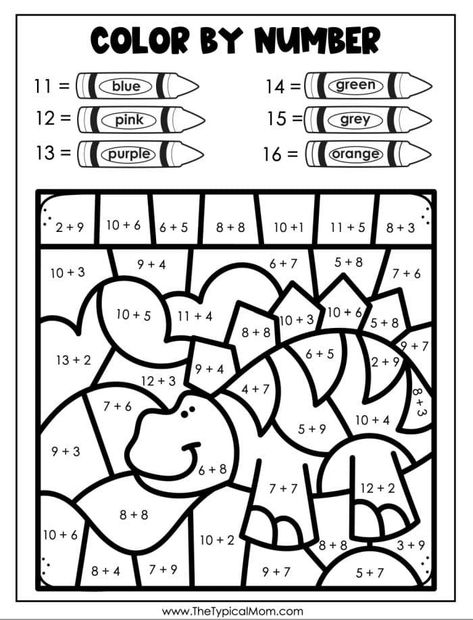 Dinosaur Worksheets 1st Grade, Colour By Addition Free Printable, Math Coloring Sheet, Math Pages For 2nd Graders, Dinosaur Math Worksheets, 2nd Grade Math Coloring Worksheets, Fun Worksheets For 3rd Grade, Color By Sum Free Printable, Color By Code Free Printable