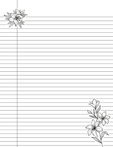 Cute Printable College Ruled Lined Notebook Paper with Margins - Floral Lily Flower Design - Double Sided - Black & White - Easy Download Cute Lined Paper, Hojas Aesthetic, Ipad Notetaking, Notebook Paper Printable, Lily Flower Design, Lined Notebook Paper, Notebook Paper Template, Writing Paper Template, Samsung Notes