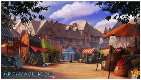 Archmage Rises - The Market by RogierB.deviantart.com on @DeviantArt Europe Vibes, Historical Concepts, German Town, Medieval Market, Dnd World Map, Fantasy Shop, Fantasy Town, Novel Ideas, Fantasy Concept