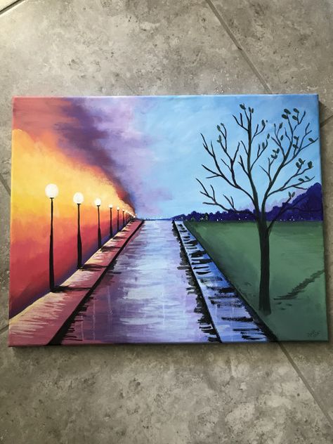 Painting Of Street Lights, Street Light Drawing, Beginners Acrylic Painting, Water Paper, Street Painting, Acrylic Painting For Beginners, Street Lights, Titanium White, Street Lamp