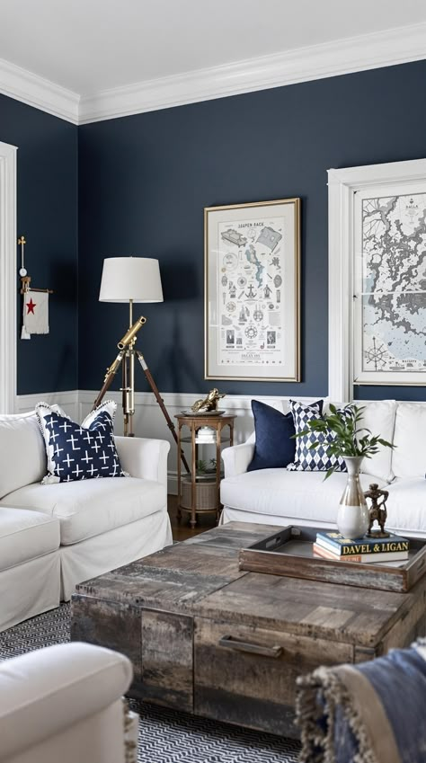 Coastal Living Room Decor Inspiration Nautical Sunroom Ideas, Dark Coastal Interior Design, Navy Blue White Living Room, Masculine Coastal Living Room, Masculine Coastal Office, Masculine Coastal Decor, Dark Coastal Living Room, Modern Navy Living Room, Neutral And Blue Living Room