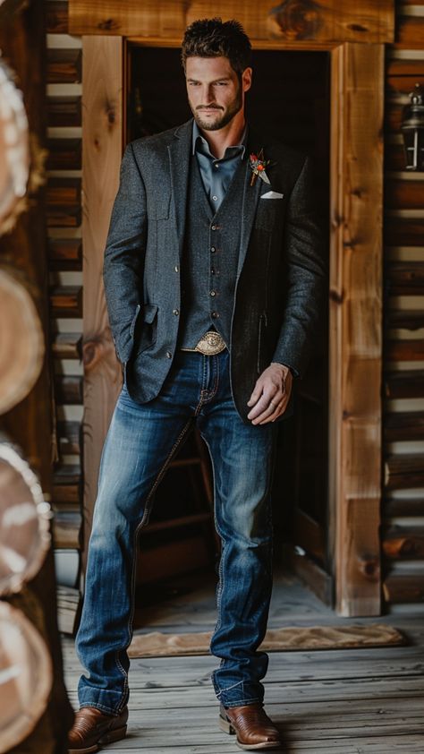 a groom wears jeans and cowboy boots, western outfits Jeans And Button Up Men Outfit Wedding, Mountain Groomsmen Attire, Mens Sport Coat With Jeans And Boots, Mens Cowboy Wedding Attire, Western Cocktail Attire For Men, Cowboy Christmas Outfit Men, Work Party Outfit Men, Casual Wedding Outfit For Groom, Mens Country Wedding Attire Groom Style