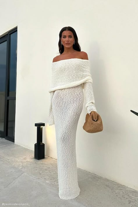 Marisol Off Shoulder Boucle Maxi Dress - Ivory - MESHKI U.S White Dress Fall, Beach Party Dress, Jumpsuit Outfit, Ribbed Dress, فستان سهرة, White Off Shoulder, Knitwear Dress, Maxi Knit Dress, Long Sleeve Maxi