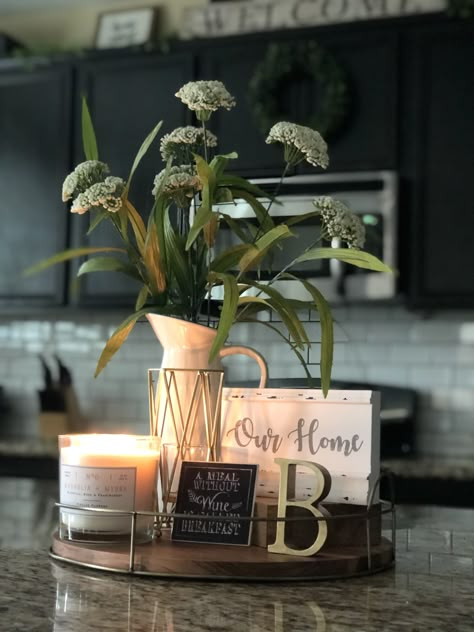 Square Table Centerpieces For Home, Countertop Centerpiece Ideas, Table Tray Decor Ideas Kitchen, Kitchen Turntable Decor, Island Center Piece Decor, Farmhouse Kitchen Centerpiece Ideas, Countertop Tray Decor, Kitchen Island Countertop Decor, Kitchen Table Center Pieces