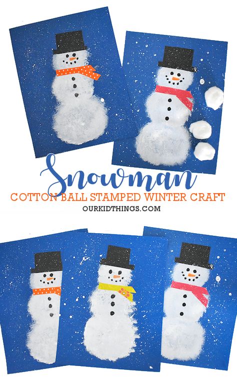 Cotton Ball Stamped Snowman Craft Cotton Wool Snowman, Christmas Craft Cotton Balls, Cotton Ball Winter Crafts For Kids, Easy Snowman Painting For Kids, Snowman Art Kindergarten, Cotton Ball Snowman Craft, Cottonball Snowman Craft Kids, Snowman Cotton Ball Craft, Cotton Ball Christmas Crafts