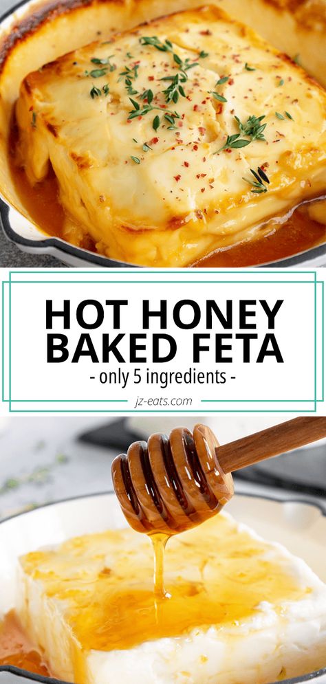 Hot Honey Baked Feta (5 Ingredients!) Baked Hot Honey Feta Dip, Baked Feta Honey, Hot Honey Cheese Board, Cheese With Honey Appetizers, Honey With Cheese, Baked Feta With Honey And Thyme, Appetizer Recipes With Baguette, Honey Inspired Appetizers, Feta Cheese Charcuterie Board