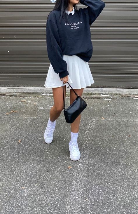 Skirt With A Sweater Outfit, Skirts And Crewnecks, White School Skirt Outfit, White Sneakers Skirt Outfit, Baggy Jumper And Skirt, Skirt With Baggy Sweater, Sweater With Tennis Skirt, Sweatshirts And Skirts Outfit, Sweater And Tennis Skirt Outfit