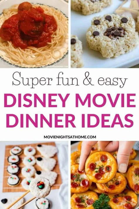 35+ Easy Disney Movie Night Dinner & Dessert Ideas Disney Appetizer Recipes, Disney Movie Theme Meals, Movie Themed Potluck, Disney Movie Meal Ideas, Disney Dinner Party For Adults, Movie Night Supper Ideas, Pixar Dinner And Movie Night, Cars Movie Night Dinner, Ice Age Dinner And A Movie