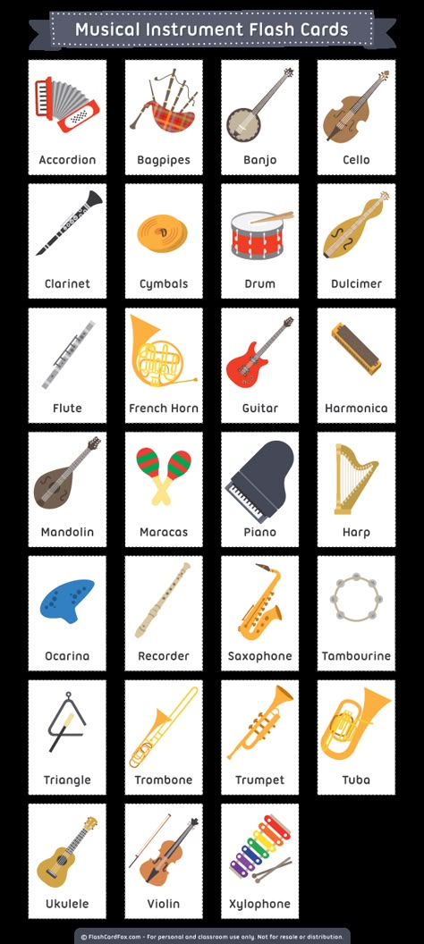 Free printable musical instrument flash cards. These are suitable for teaching reading, ESL, etc. Download them in PDF format at http://flashcardfox.com/download/musical-instrument-flash-cards/ Music Instruments Kids, French Horn, English Tips, Orff, Tambourine, Learn English Vocabulary, English Language Learning, Elementary Music, Music Classroom