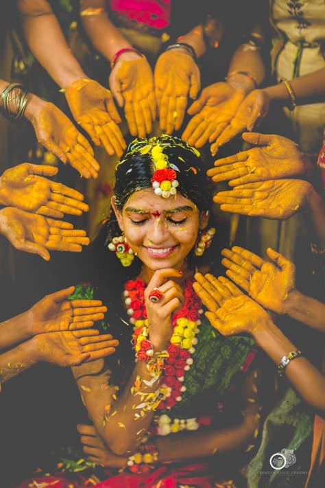 haldi-ceremony-photos Haldi Creative Photography, Dulhan Haldi Pose Indian, Haldi Dulhan Pose, Haldi Ceremony Photos, Haldi Photo Shoot Ideas, Haldi Photoshoot Ideas, Sadi Haldi Photo, Haldi Ceremony Poses, Bride Mangala Snanam Stills