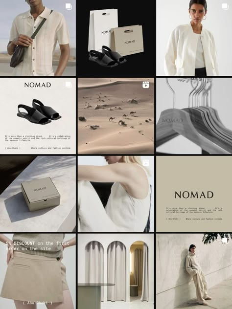 NOMAD Instagram Visual Clothing Brand/ Logotype and Brand Identity Clothes Brand Instagram Feed, Moodboard Clothing Brand, Instagram Feed For Clothing Brand, Clothing Brand Ig Feed, Fashion Brand Instagram Feed Ideas, Clothing Brand Social Media Posts, Clothing Brand Mood Board, Clothing Brand Feed, Branding Mood Board Visual Identity