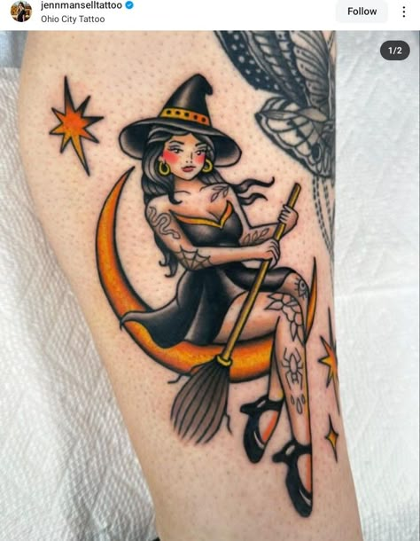 Feminine Horror Tattoo, Traditional Tattoo Halloween, Horror Tattoo Ideas, Halloween Tattoo Ideas, Simple Skull, Hanging Bat, Witch Tattoo, Spooky Tattoos, Halloween Tattoo