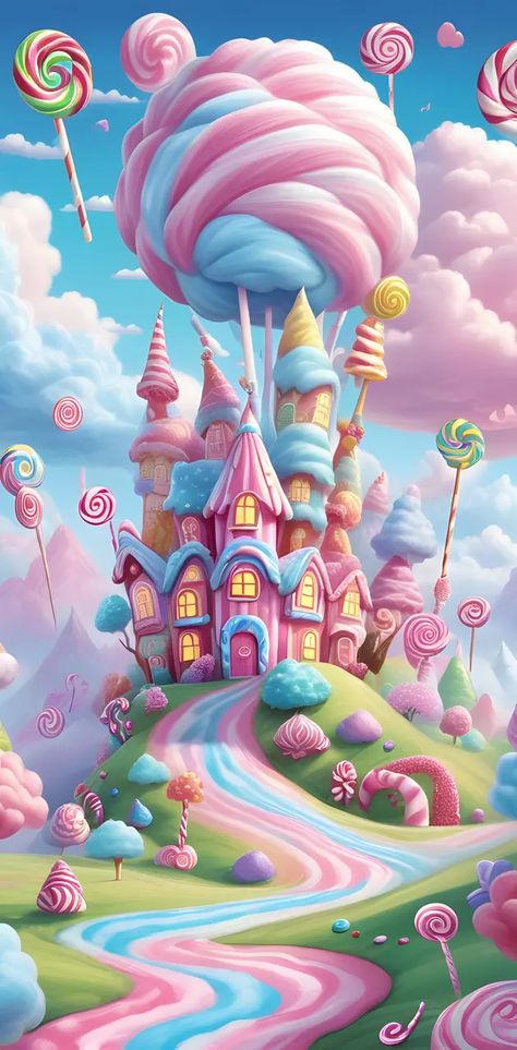 Candy Castle Candyland, Candyland Wallpaper, Candyland Background, Castle Wallpaper, Cute Food Wallpaper, Candy Castle, Fantasy Wallpaper, Forest Drawing, Waves Hair