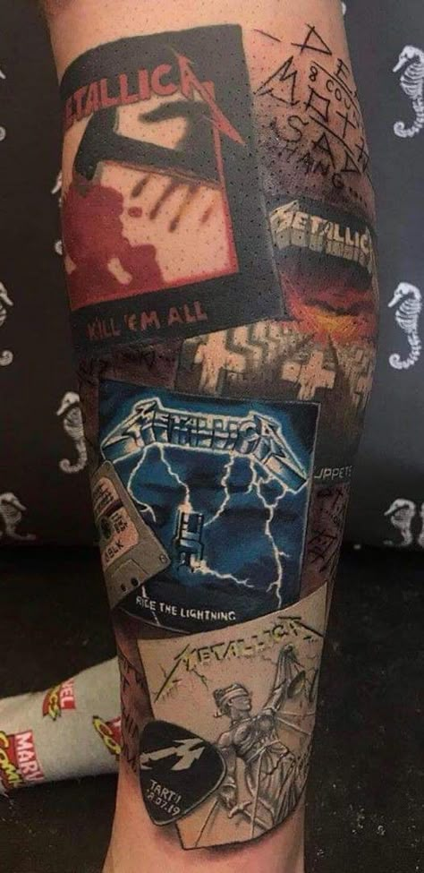 Injustice For All Metallica Tattoo, Metallica Traditional Tattoo, Album Cover Tattoo Sleeve, Heavy Metal Tattoo Sleeve, Metal Style Tattoo, Metallica Sleeve Tattoo, Tattoo Ideas Metallica, Metalica Tattoo Designs, Metallica Ride The Lightning Tattoo