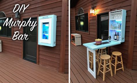 Learn how to build a DIY Murphy bar for your patio or indoor area. This space saving furniture folds into a cabinet when not in use. Plans are on the site! Bar Table Diy, Murphy Bar, Murphy Table, Organization On A Budget, Porch Accessories, Murphy Bed Diy, Murphy Bed Plans, Butcher Blocks, Pub Set