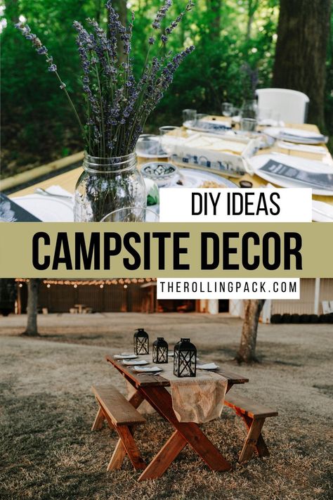 Campsite decorations can add SO much to your camping experience! Here you’ll find DIY campsite decoration ideas, campsite decor hacks, and advice on how to make your campsite into an outdoor living area! #rvlife #fulltimerv #rvlifestyle #camperlife #camping #campsite #glamping #campsitedecor #vanlife #vanlifeideas Campsite Entrance Ideas, Cute Camping Setup, Rv Glamping Decor, Campsite Diy Ideas, Decorating Tent Camping, Farm Camping Ideas, Camping Bar Ideas, Camping Retreat Ideas, Easy Camp Set Up