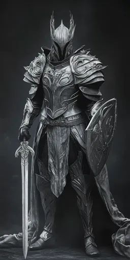 ↑↑↑ Larger size on website 🔸 A knight in full plate armor stands with his sword drawn, his face obscured by a helmet. The armor i Knight Helmet Concept Art, Heavy Plate Armor, Knight Helmet Design, Half Plate Armor, Fantasy Armor Design, Full Plate Armor, Tempest Cleric, Armor Drawings, Nutcracker Ideas